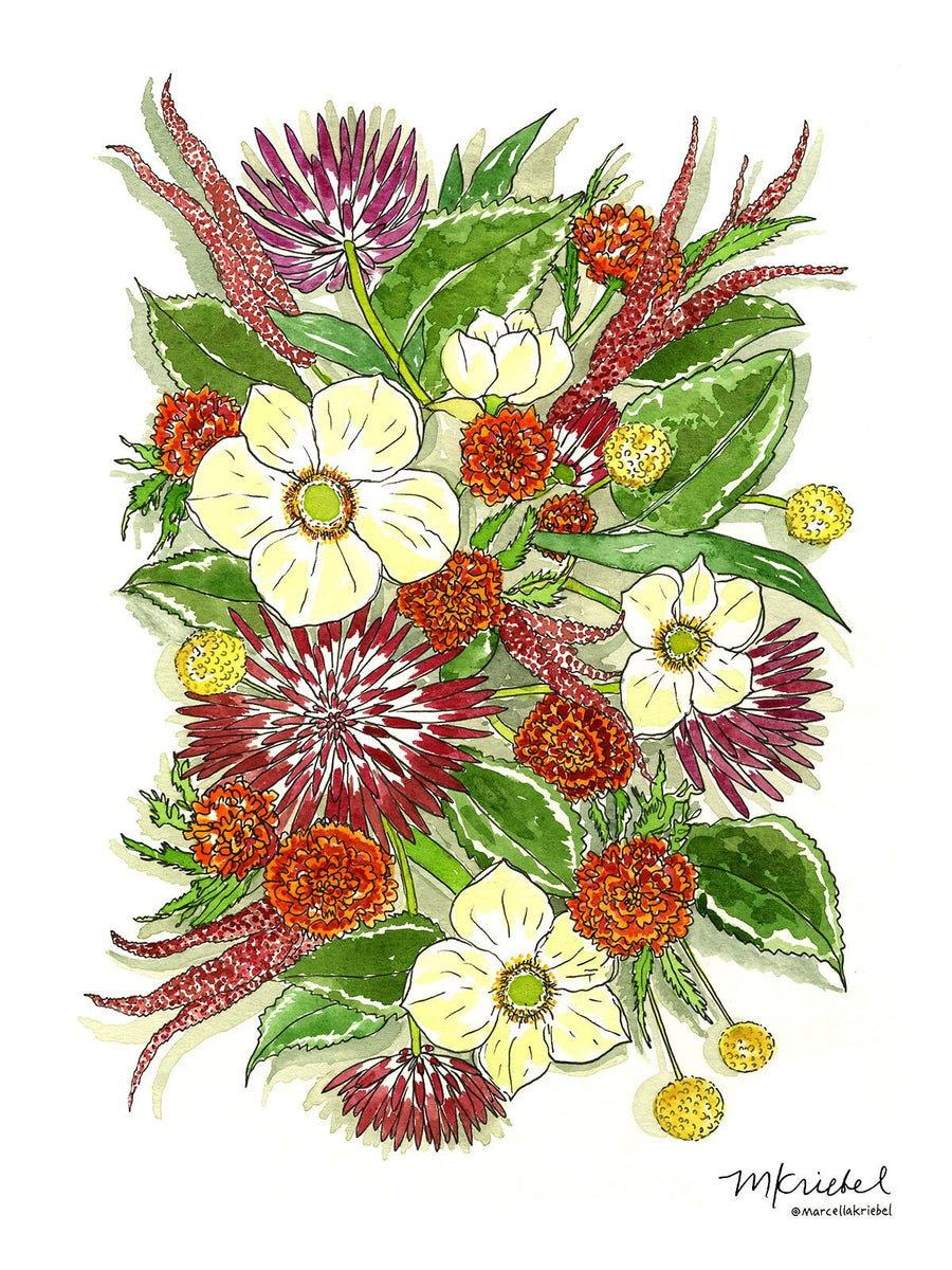 Fall Harvest Flowers Watercolor Art Print